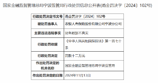 农银人寿宁波分公司因财务数据不真实被罚12万元-第1张图片-静柔生活网